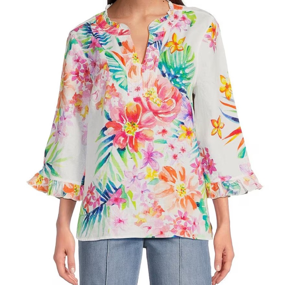 John•Mark Floral Ruffle Linen Spring Fling Blouse Size Petite Medium MP NWT